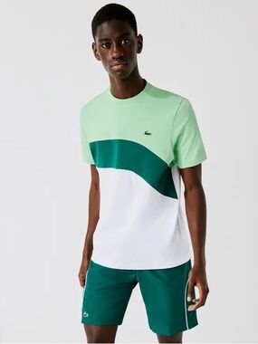Lacoste Sport Green and White Colorblock Tennis Tshirt Men’s M Moisture Wicking
